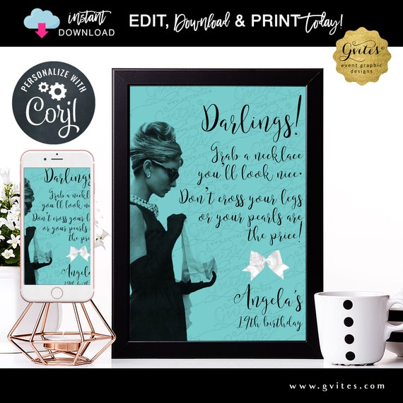 Audrey Hepburn Don't Cross Your Legs Pearl Necklace Game Sign Editable Template Corjl 8x10"