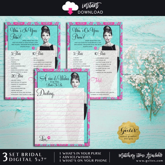 Audrey Hepburn Pink Party Bridal Game Bundle 3-Set 5x7" 2/Per Page Instant Download | Advice Well Wishes/What's in your purse/phone