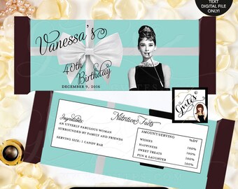 Audrey Hepburn Party 40th Birthday Candy Bar Wrapper/ Hershey chocolate wrapper/ PRINTABLE {2 Per/ Sheet 5.25 x 5.75"}