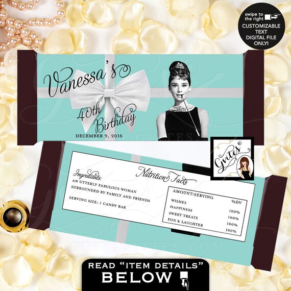 Audrey Hepburn Party 40th Birthday Candy Bar Wrapper/ Hershey chocolate wrapper/ PRINTABLE {2 Per/ Sheet 5.25 x 5.75"}