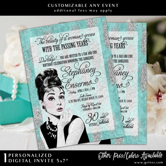 30 & Utterly Fabulous Audrey Hepburn Birthday Printable Invitation 5x7" Digital Download