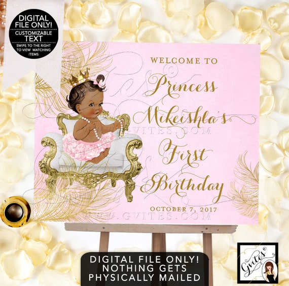 Welcome Birthday Signs Pink Gold Diamonds Pearls African American Gold Crown {White/ Gold Feathers} | Design: CWCHS-104