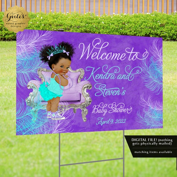 Digital Afro Princess Yard Sign Printable in Violet Purple Aqua Blue Lilac Watercolor Feathers