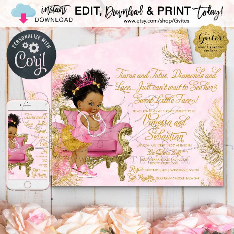 Pink Gold Baby Shower Invitations Tutus Diamonds Lace African American Princess. Dark Puffs Curly Edit & Print Today w/Corjl image 7