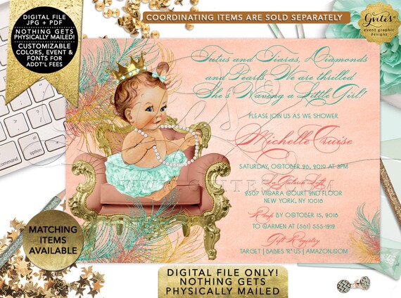 Mint Green and coral baby shower invitation/ Princess African American baby girl/ Tutus tiaras diamonds and pearls. Gvites