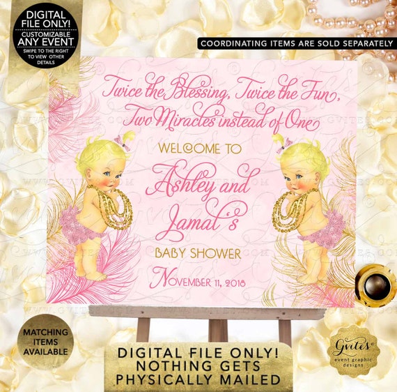 Twins Welcome Sign Pink & Gold Princess Girl | JPG + PDF | 16x20" Digital Download