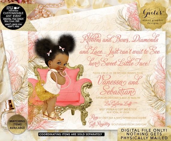 Coral/ Peach Ivory and Gold Baby Shower Invitation/ Afro Puffs Baby Girl/ Diamonds Pearls/ Printable JPG + PDF | By Gvites