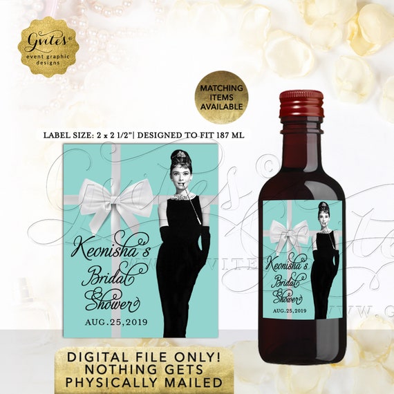 Bridal Shower Wine Labels Breakfast at Bottle/ Audrey Hepburn Mini-Wine/ PRINTABLE Shower party favor Gifts