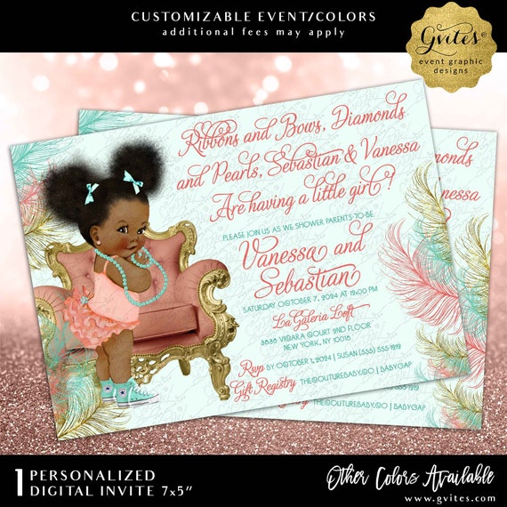 Coral Gold and Mint Green Baby Shower Invitation Afro Puffs Baby Girl Digital 7x5"