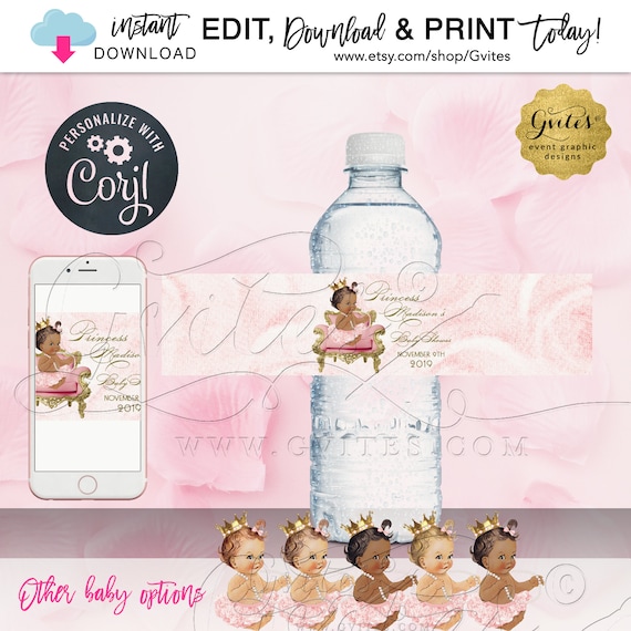 Princess Theme Water Bottle Labels. Editable Template. Different Baby Options Available | Instant Download | Edit w/Corjl