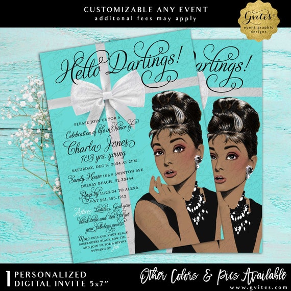 100th Birthday African American Audrey Hepburn Classy Invitation. 5x7" Digital File.