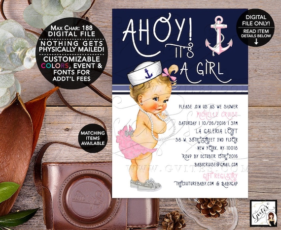 Nautical Baby Shower Printable Invites/ Pink Silver and Navy Blue/ Ahoy its a girl/ vintage/ digital/ 5x7/ Gvites