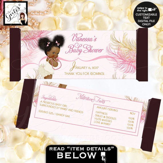 Candy Bar Labels. Pink & Gold Baby Shower Chocolate Bar Party Favors Wrappers. Afro Puffs Pink Bows.