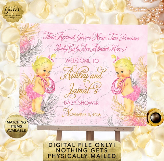 Pink Gold and Silver Twin Baby Shower Welcome Sign, Princess Decor, Vintage Girl {Pink/Silver/Gold Feathers}