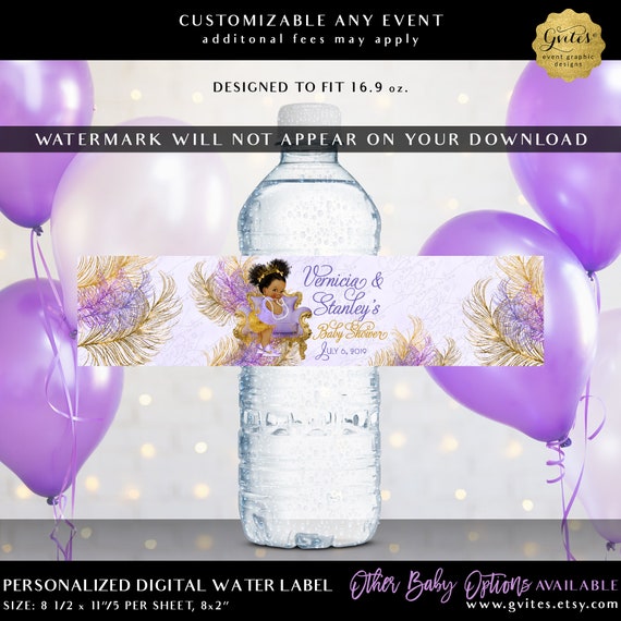 Printable Purple Gold Princess Baby Shower Water Bottle Labels For Party Gifting Favors