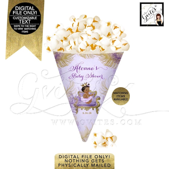 Snack Cones Baby Shower/ PRINTABLE Popcorn Cone and Mini Wine Labels/ African American Princess Party/ Purple & Gold Wine Label Design