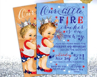 4th of July Baby Shower Invitation | Our Little Firecracker | Red White & Blue Vintage Baby Girl Silver Crown JPG + PDF Format by Gvites