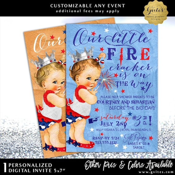 4th of July Baby Shower Invitation | Our Little Firecracker | Red White & Blue Vintage Baby Girl Silver Crown JPG + PDF Format by Gvites