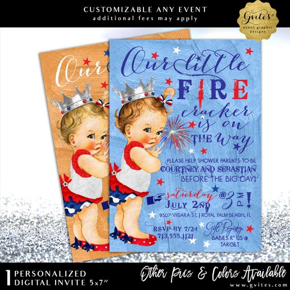 4th of July Baby Shower Invitation | Our Little Firecracker | Red White & Blue Vintage Baby Girl Silver Crown JPG + PDF Format by Gvites