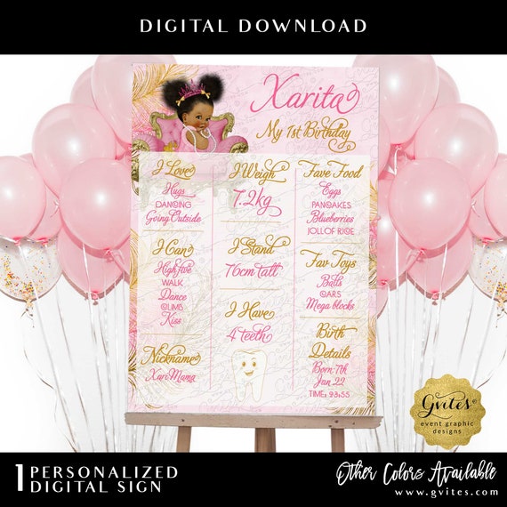 First Birthday Milestone Poster Sign Afro Puffs Princess Pink & Gold Feathers Printable