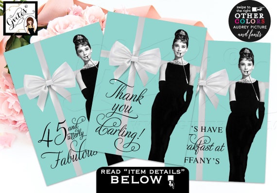 Personalized Set of 3 Blue Party Sign Package Audrey Hepburn Theme. Printable for baby shower/bridal shower/birthday and more!