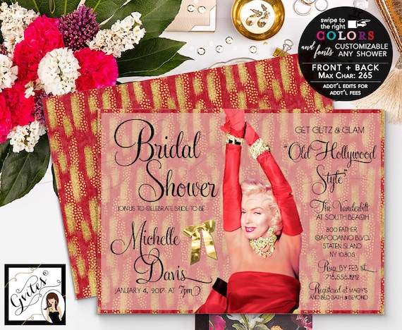 Marilyn Monroe Bridal Shower Invitation/ Red & gold Bridal Invitation /Old Hollywood style Party/ Wedding/ Lingerie by Gvites