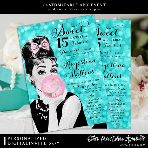 Customizable 15th Birthday Teen Invitation Audrey Pink Bubble Gum/Breakfast Quinceanera Fabulous Party | Digital Download 5x7"