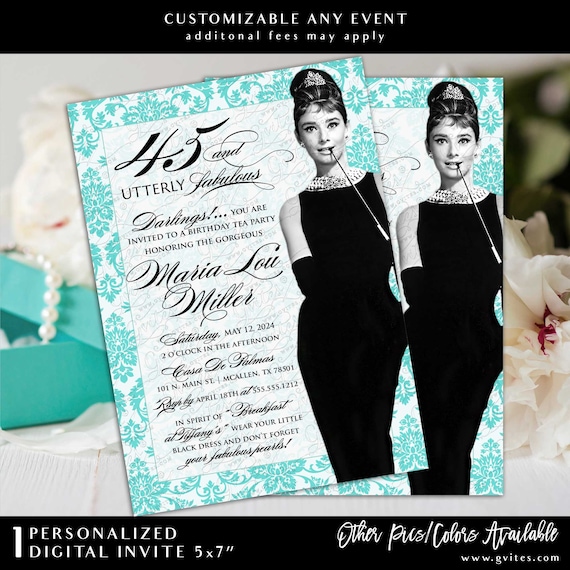 45th Birthday Invitation Audrey Hepburn Breakfast at Tea Party/ Blue and White Little Black Dress Diamonds & Pearls/ DIY Party