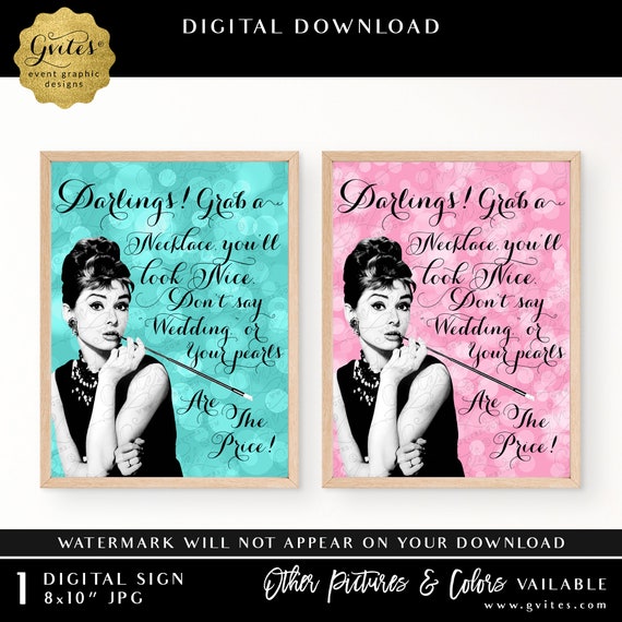 Audrey Hepburn Pearl Necklace Game Bridal Shower Don't say wedding | Rose Pink or Turquoise Blue | Digital Filer 8x10"