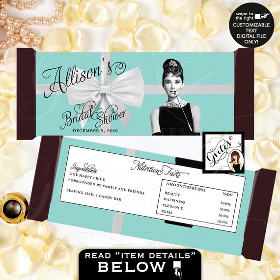 Candy Bar Wrappers Hershey Chocolate Wrapper. Audrey Hepburn party supplies. Printable {2 Per Sheet 5.25 x 5.75"}