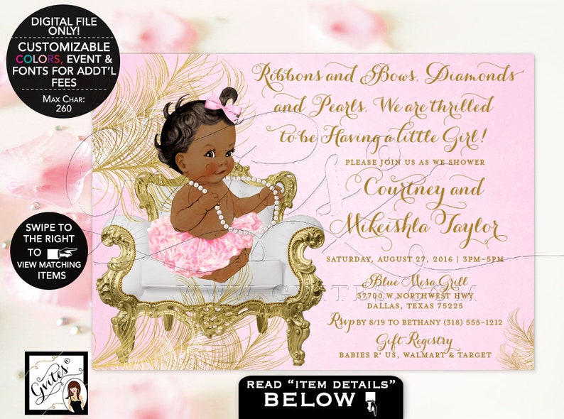 Pink and Gold Baby shower invitations African American Ribbons Bows Diamonds Pearls Vintage Invites {White Gold Feathers}