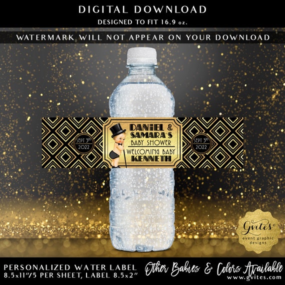 Boy Great Gatsby Water Bottle Labels Personalized 1920s Vintage Theme Baby Shower Party Favors 8.5x2"/5 Per Sheet