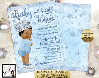 May include: A baby shower invitation card featuring a light blue winter theme with snowflakes. An illustration of a baby wearing a crown, blue shirt, plaid diaper, and white boots is on the left. The text reads Baby it's cold Outside and includes event details.