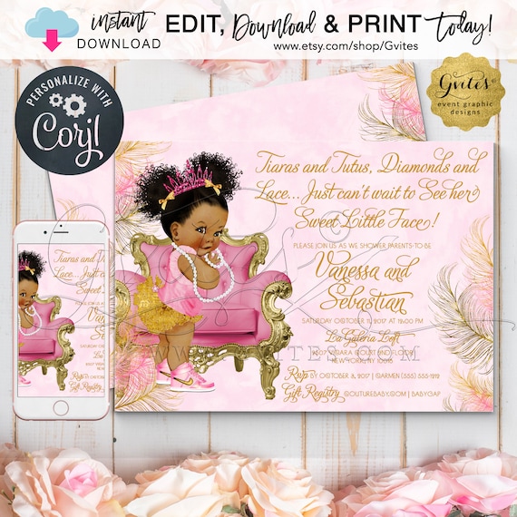 Pink Gold Baby Shower Invitations | Tutus Diamonds Lace | African American Princess. Dark Puffs Curly {Edit & Print Today w/Corjl}