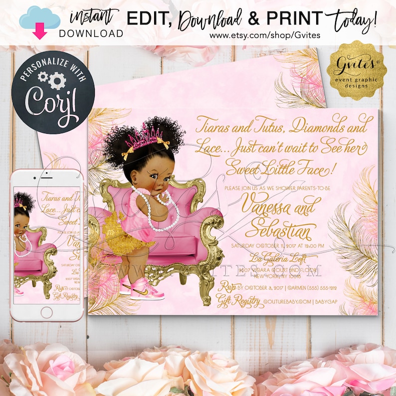 Pink Gold Baby Shower Invitations Tutus Diamonds Lace African American Princess. Dark Puffs Curly Edit & Print Today w/Corjl image 1