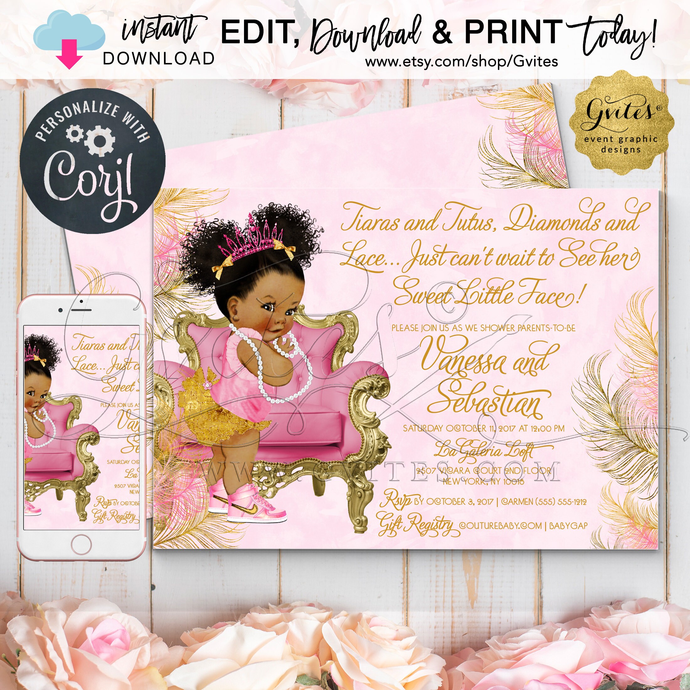 african american princess baby shower invitations