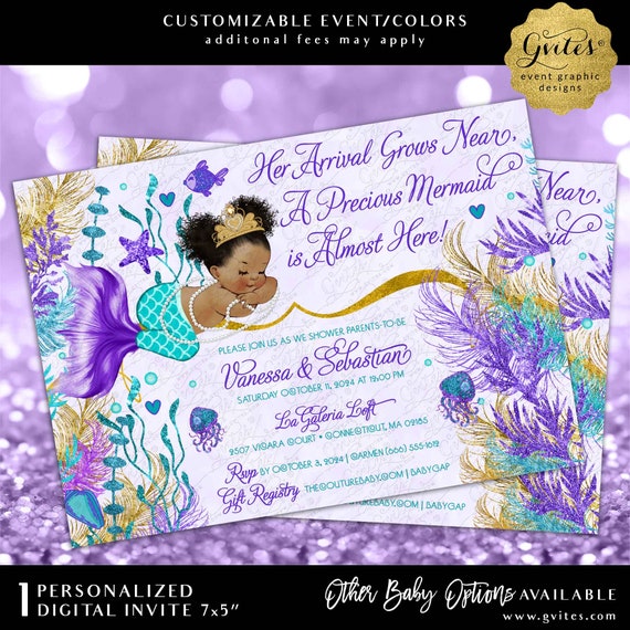 Printable Purple Gold Teal Blue Mermaid Baby Girl Shower Invitation Gold | Digital File JPG + PDF