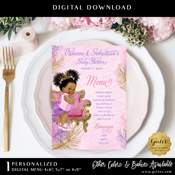 Pink Purple Gold Baby Shower Menu Card | Princess Printable Afro Puffs | Vintage Baby Girl Gold Crown DIY/ Digital/ 4x6"/ 5x7" or 4x9