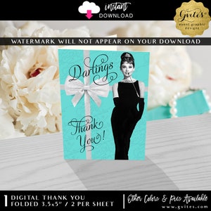 Biglietto di ringraziamento per colazione, addio al nubilato, festa vintage di Audrey Hepburn, download istantaneo, 3,5x5"/2 per foglio vuoto all'interno