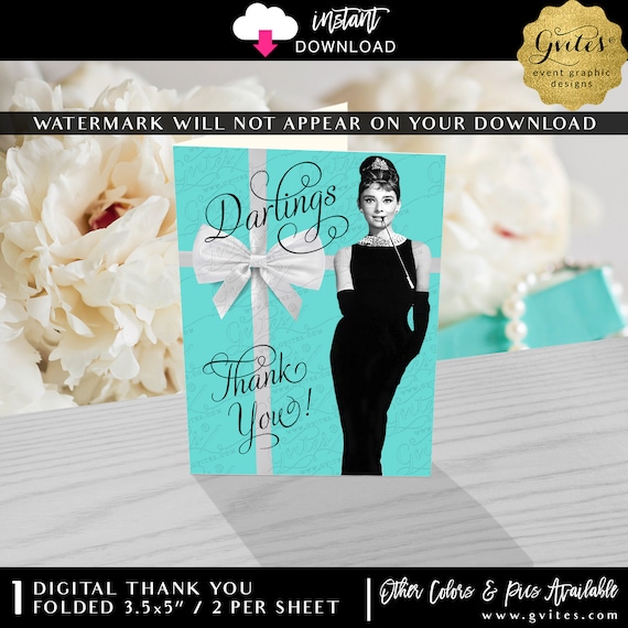 Breakfast Bridal Shower Thank You Folded Card | Vintage Audrey Hepburn Party | Instant Download | 3.5x5"/2 Per Sheet Blank inside