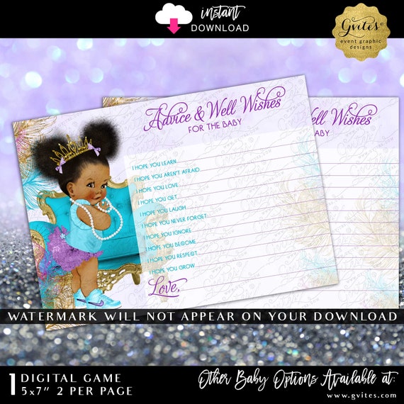 Afro Puffs Princess Baby Shower Advice cards instant download printable 7x5"/2 Per sheet. Purple blue gold feather design.