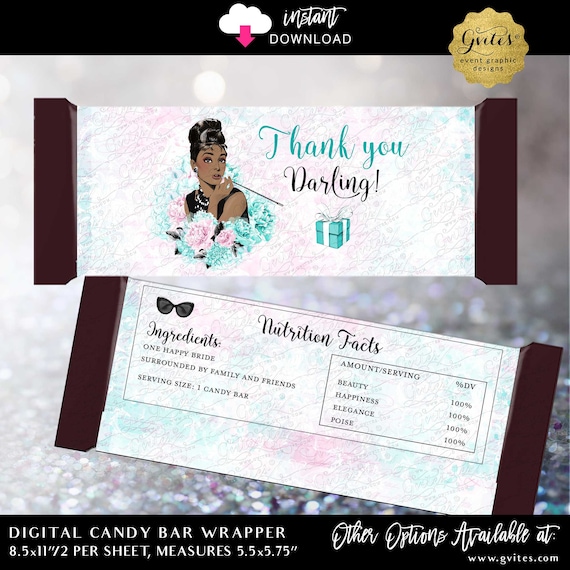 Hershey Candy Bar Wrapper Instant Download | Thank You Darling Bridal Shower Wrappers Audrey Hepburn Blue Breakfast at Party Favor Gifts