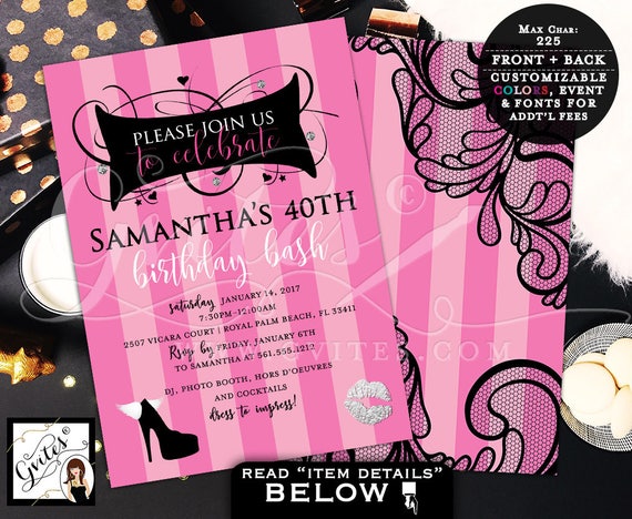 Digital 40th Birthday Invitations Printable Pink & Black Silver / Victoria Secret Pink Party Invite