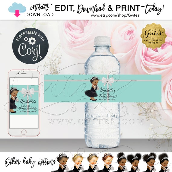 Baby Shower Water Bottle Labels | Breakfast at Blue Themed | Editable Corjl Template DIY