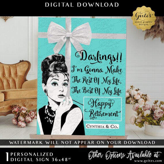 Custom Audrey Hepburn Welcome Decor | Blue Retirement Poster Custom Printable Audrey Hepburn Cigarette Photo Illustration 36x48"