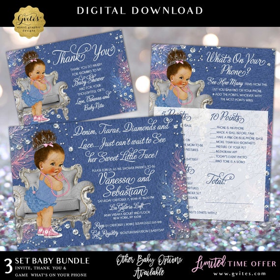 Afro Bun Curly Princess Denim and Diamond Pearl Pink Blue & Silver Feathers Printable Party Bundle Package Set of 3 **LIMITED OFFER