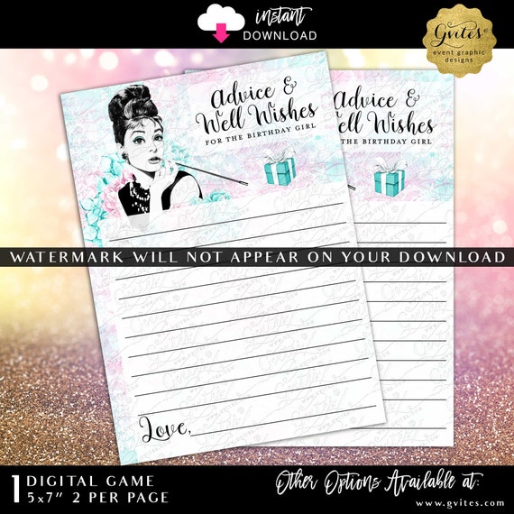 Advice & Well Wishes For The Birthday Girl | Audrey Hepburn Party Breakfast at Blue Theme 5x7" JPG 2/Per Page | Instant Download