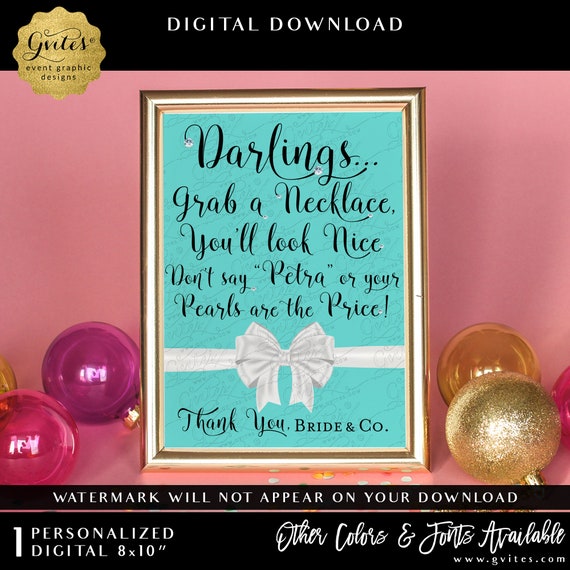 Blue Fancy White Bow 8x10" Custom Sign | Darlings! Grab a necklace you'll like nice | Bride and Co Table Decor