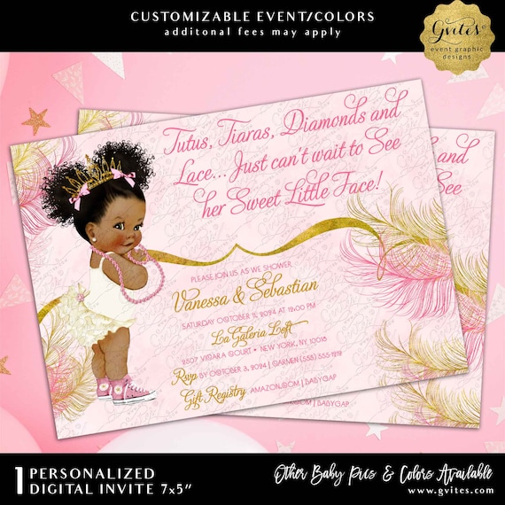 Sparkly Feathers Pink & Gold Watercolor Afro Puffs Princess Baby Shower Printable Invitation