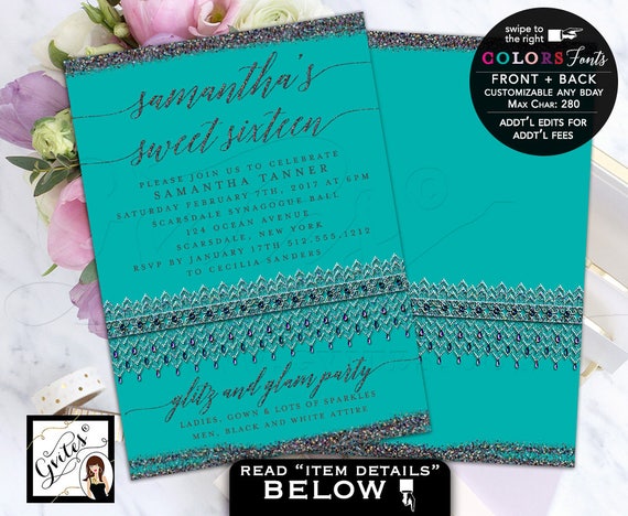Turquoise Silver Glitter Custom Sweet 16 Invitation Il_570xn